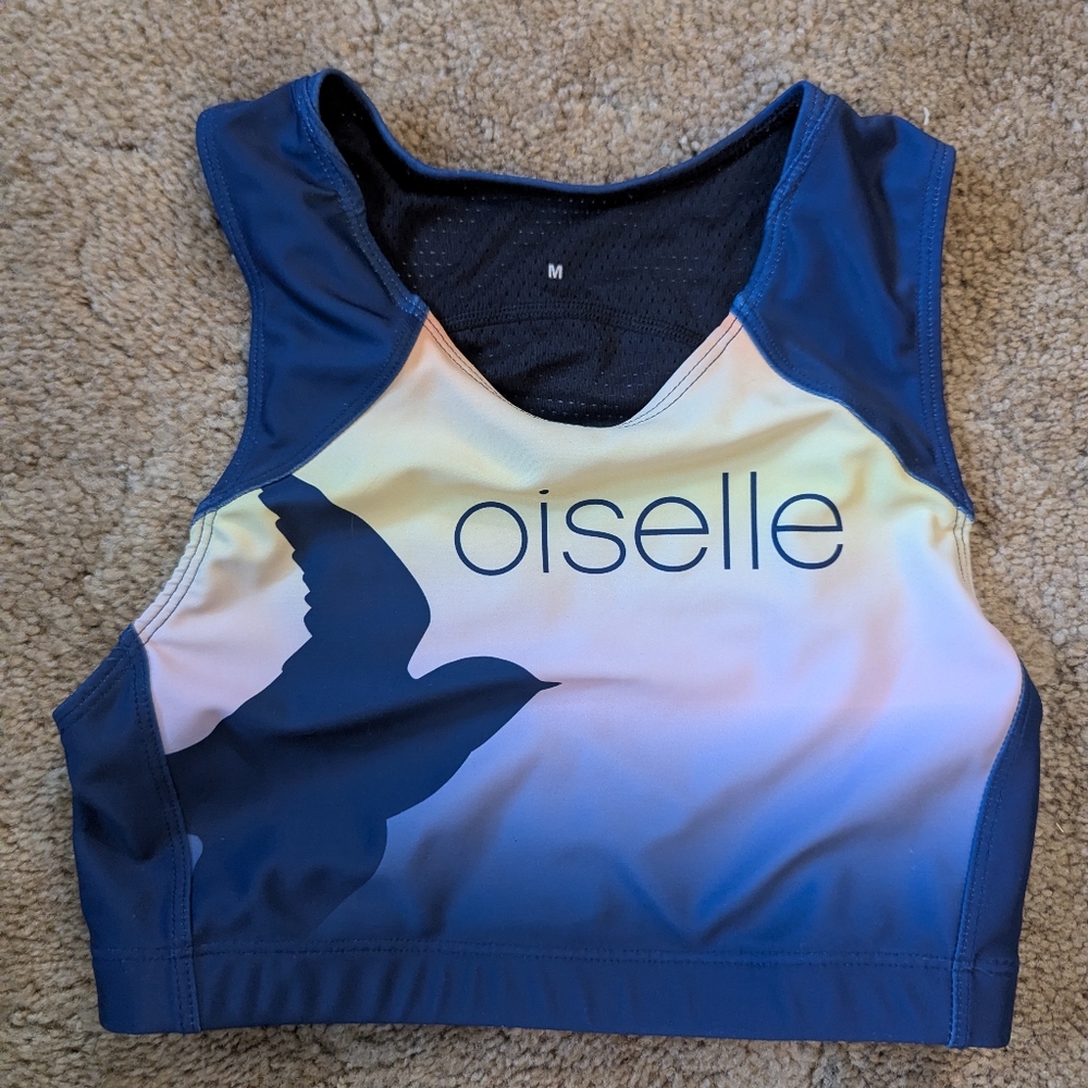 Oiselle Team Crop Top Long Line Sports Bra Blue Ombre medium